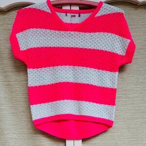 Vintage Y2K Neon Pink Stripe Sweater Sparkle Knit High Low Short Sleeve XS